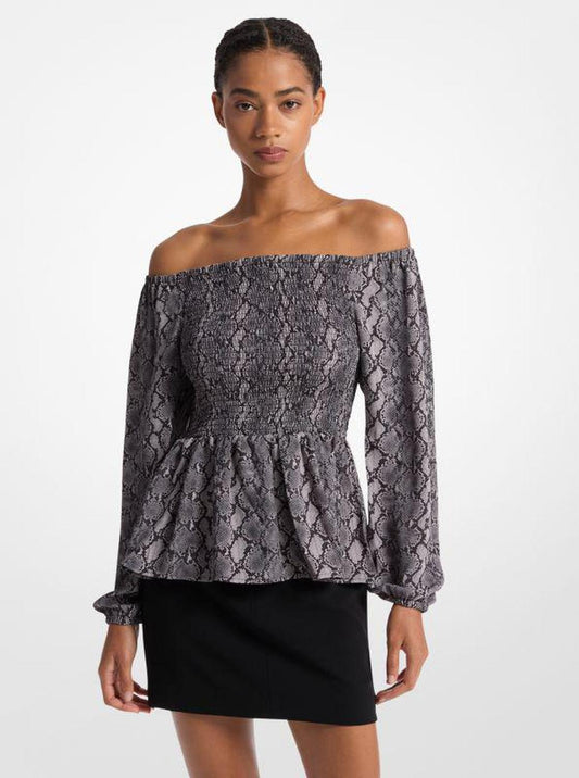 Snake Print Satin Back Crepe Off-The-Shoulder Blouse