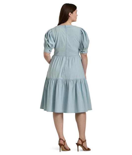 Plus-Size Chambray Puff-Sleeve Dress