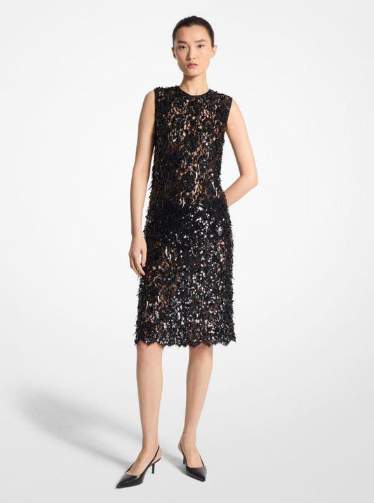 Hand-Embroidered Sequin Floral Lace Sheath Dress