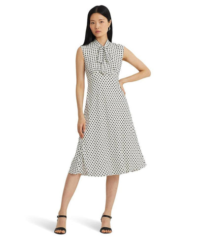 Polka-Dot Georgette Tie-Neck Dress