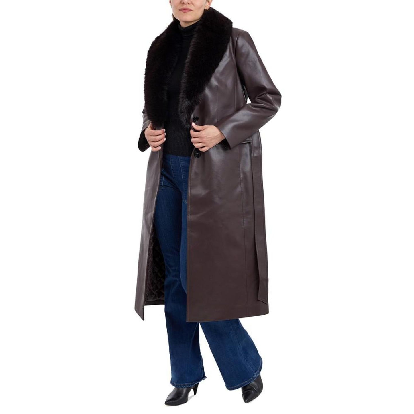 Women's Faux-Fur-Trim Faux-Leather Trench Coat