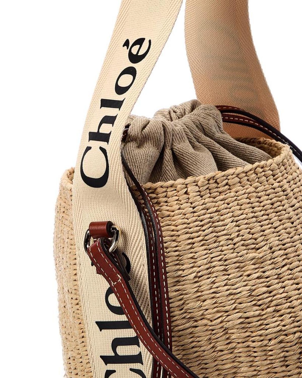 Chloé Woody Small Raffia & Leather Bucket Bag