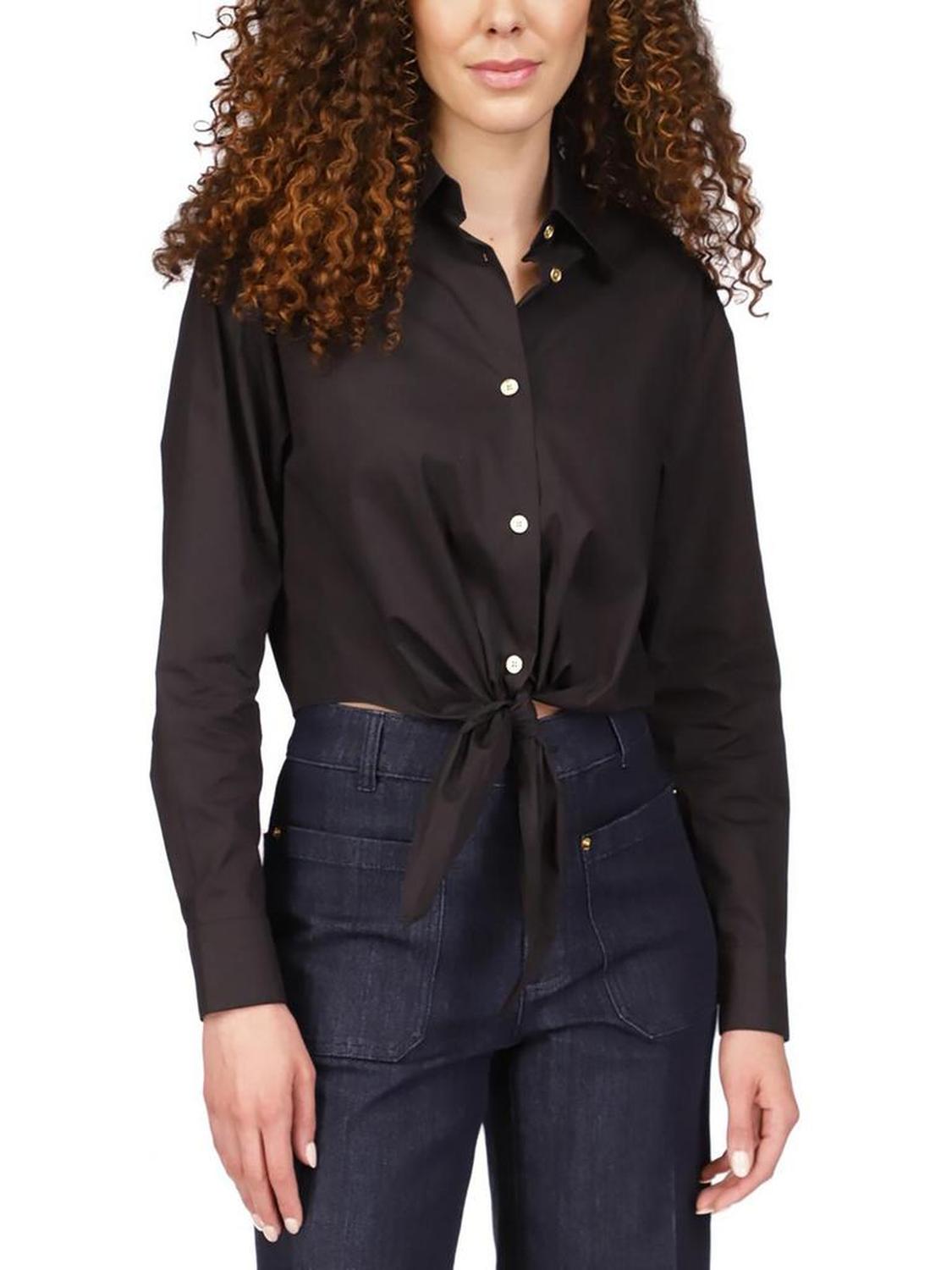 Womens Knot-Front Collared Button-Down Top