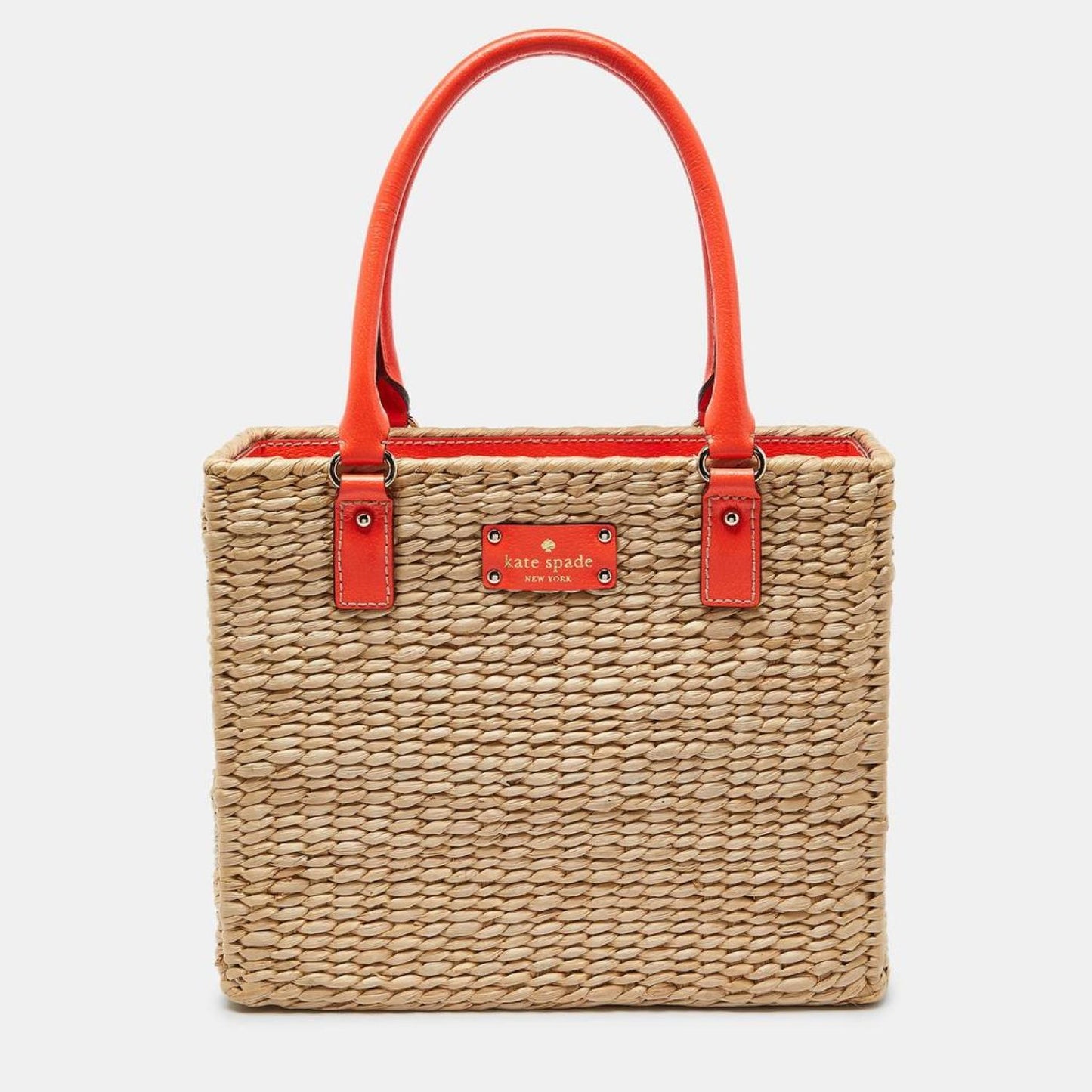 Kate Spade Beige/neon Orange Wicker And Leather Bucket Bag