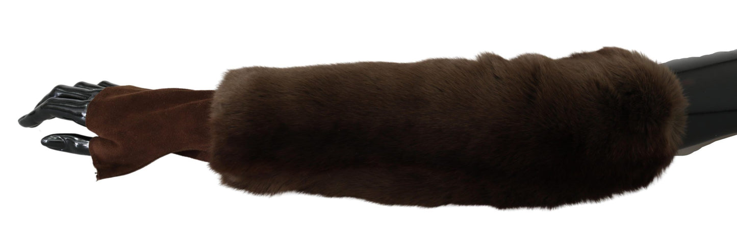 Dolce & Gabbana Elegant Brown Fur & Leather Elbow-Length Gloves