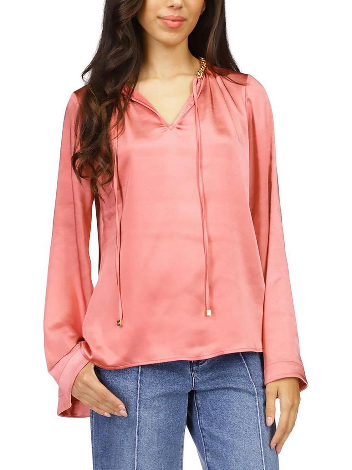 Petites Womens Satin Chain Neck Blouse