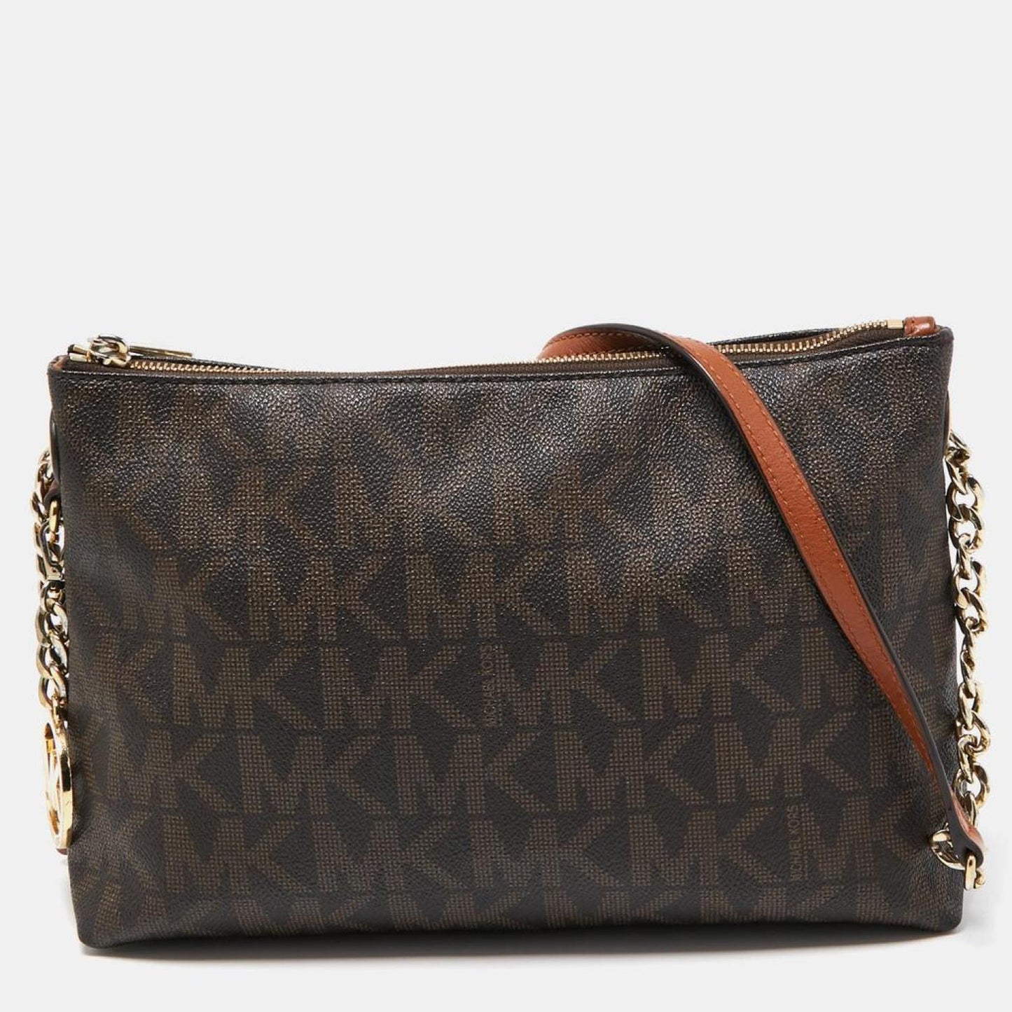 Michael Kors Dark Signature Coated Canvas And Leather Zip Crossbody Bag