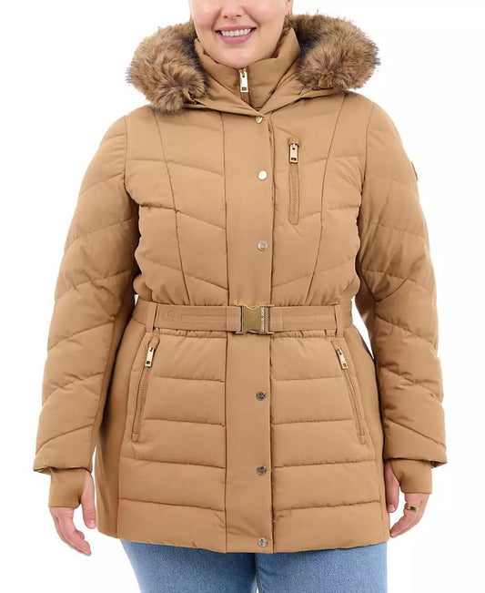 Plus Size Belted Faux-Fur-Trim Hooded Puffer Coat