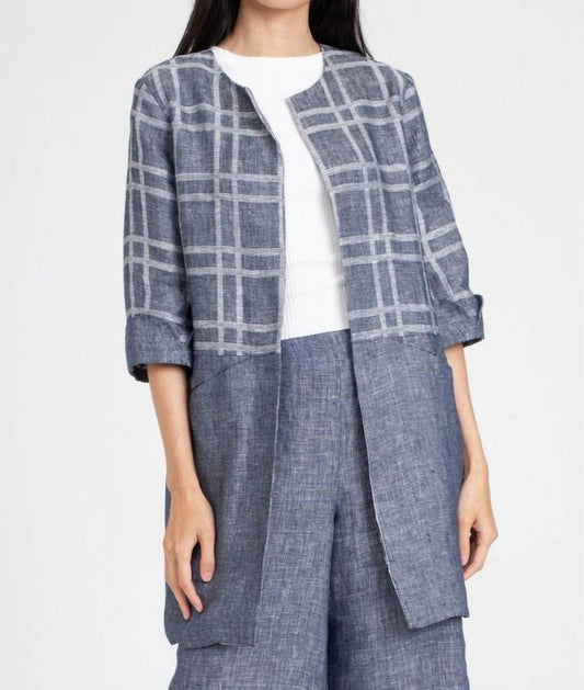 Carrie Car Linen Coat In Indigo Plaid