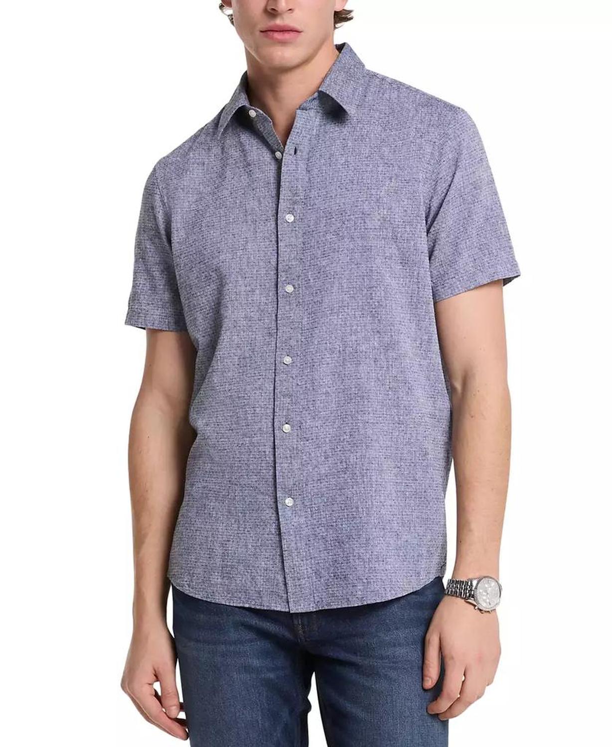 Men's Classic Fit Short Sleeve Button-Front Dobby Dot Pattern Shirt