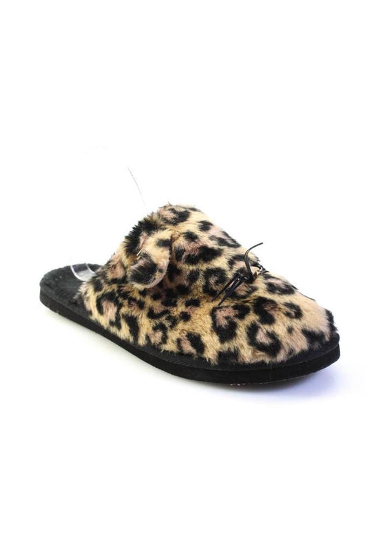 Kate Spade New York Womens Leopard Kitty Faux Fur Slippers Brown Black