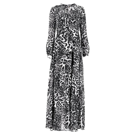 Leopard Print Maxi Buttoned Long Sleeve Dress in Black and Black Viscose