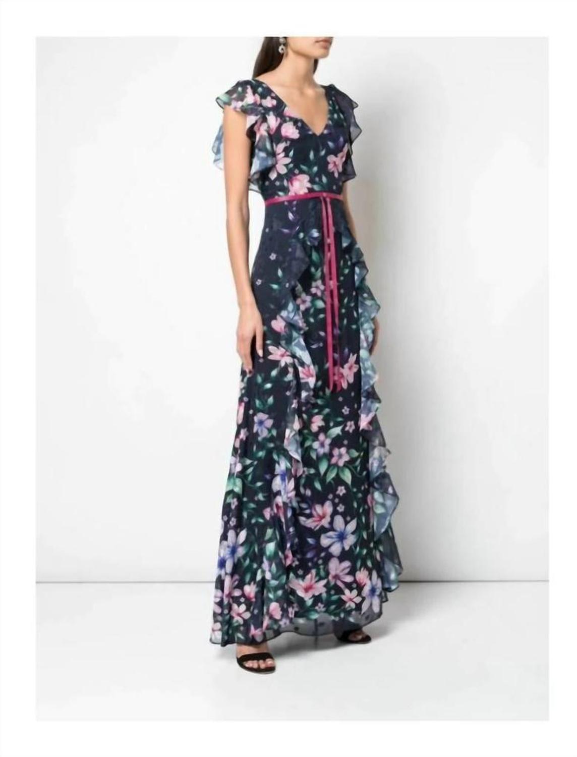 Floral Sleeveless Printed Chiffon Gown In Blue