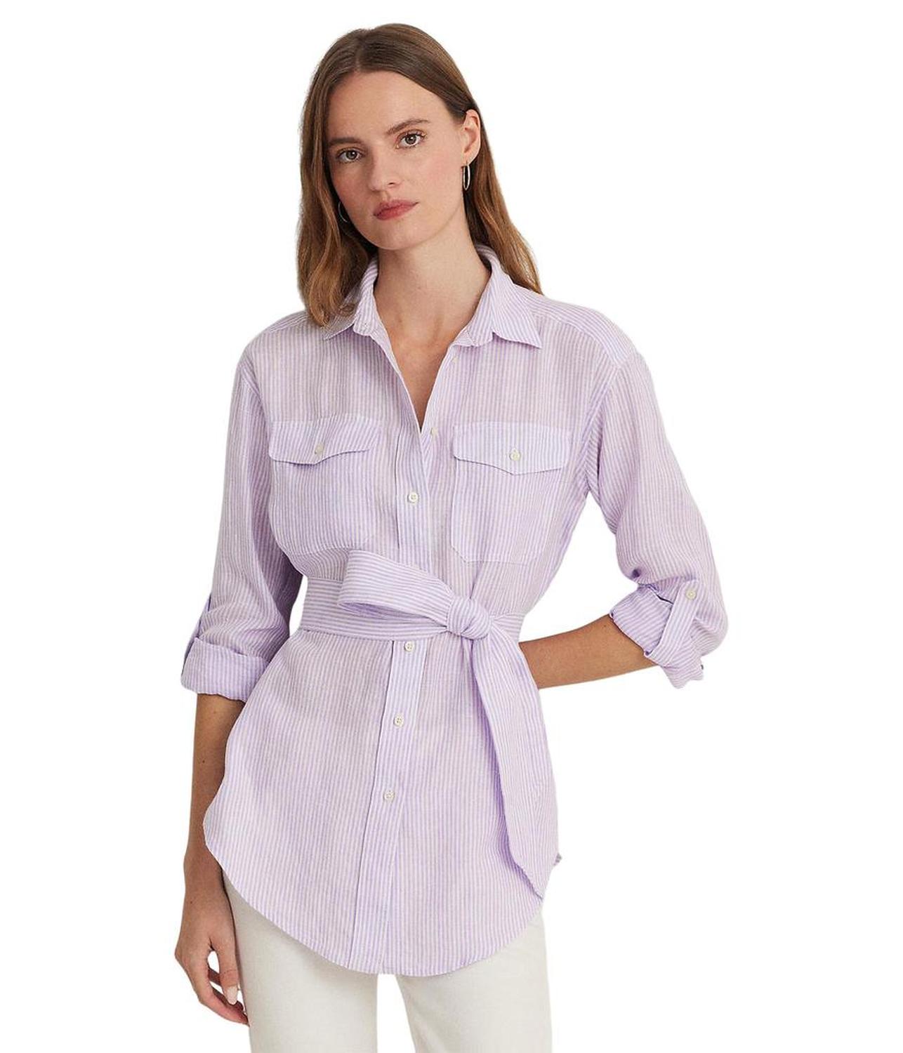 Relaxed Fit Striped Belted Linen Shirt