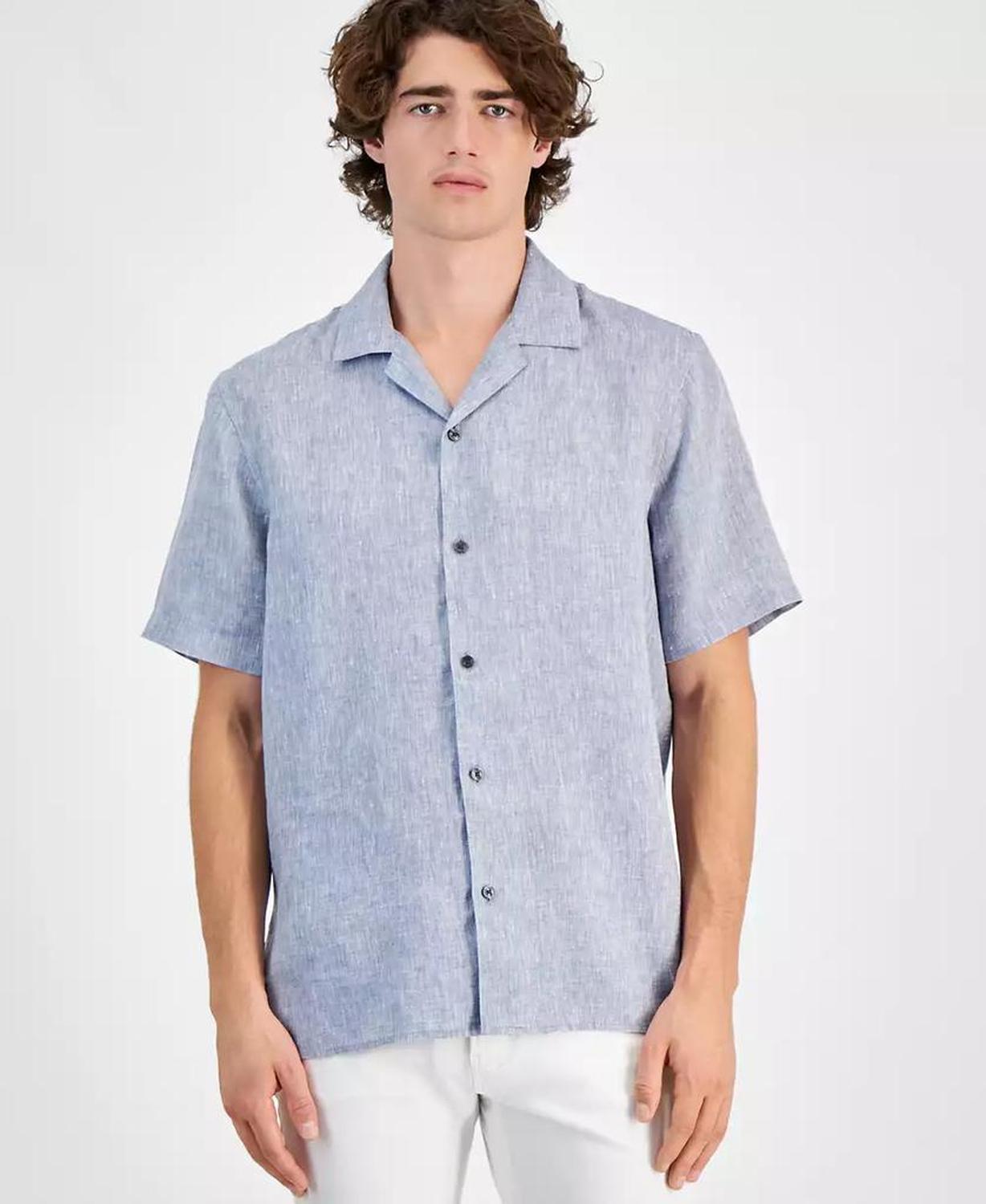 Men's Relaxed-Fit Solid Button-Down Linen Shirt