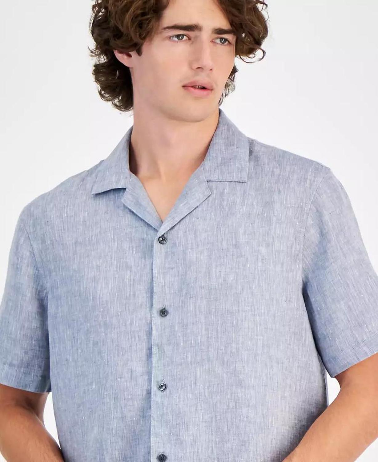 Men's Relaxed-Fit Solid Button-Down Linen Shirt