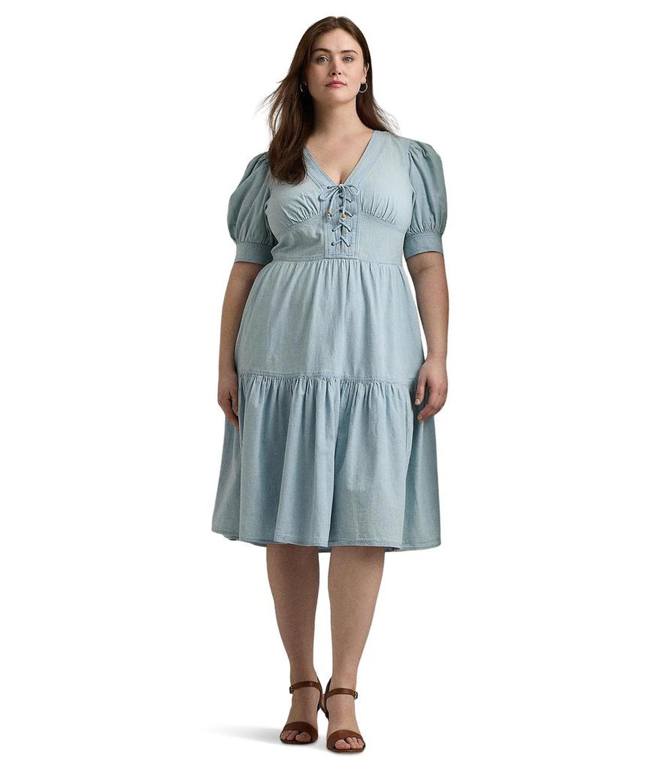 Plus-Size Chambray Puff-Sleeve Dress