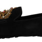 Dolce & Gabbana Elegant Black Leather Loafer Slides with Gold Embroidery