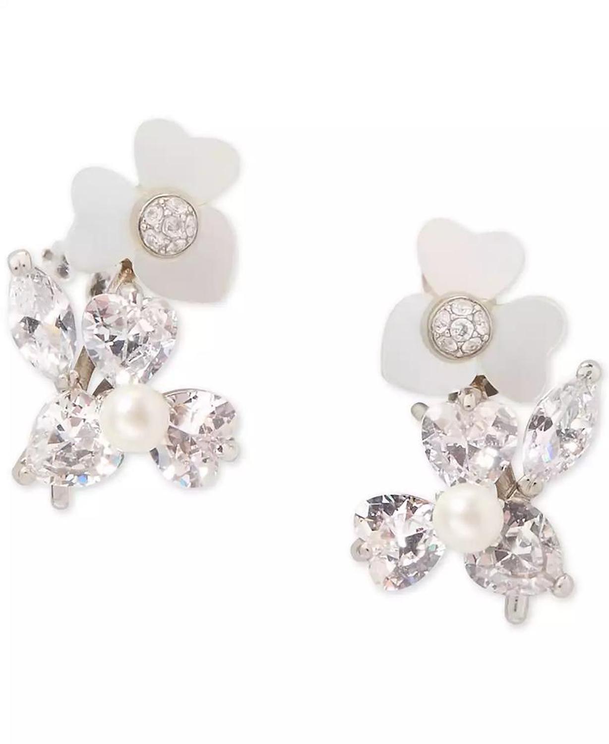 Silver-Tone Cubic Zirconia, Imitation Pearl & Mother-of-Pearl Flower Stud Earrings