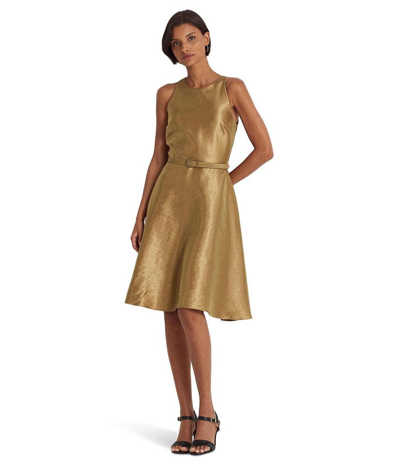 Metallic Twill Belted Cocktail Dress