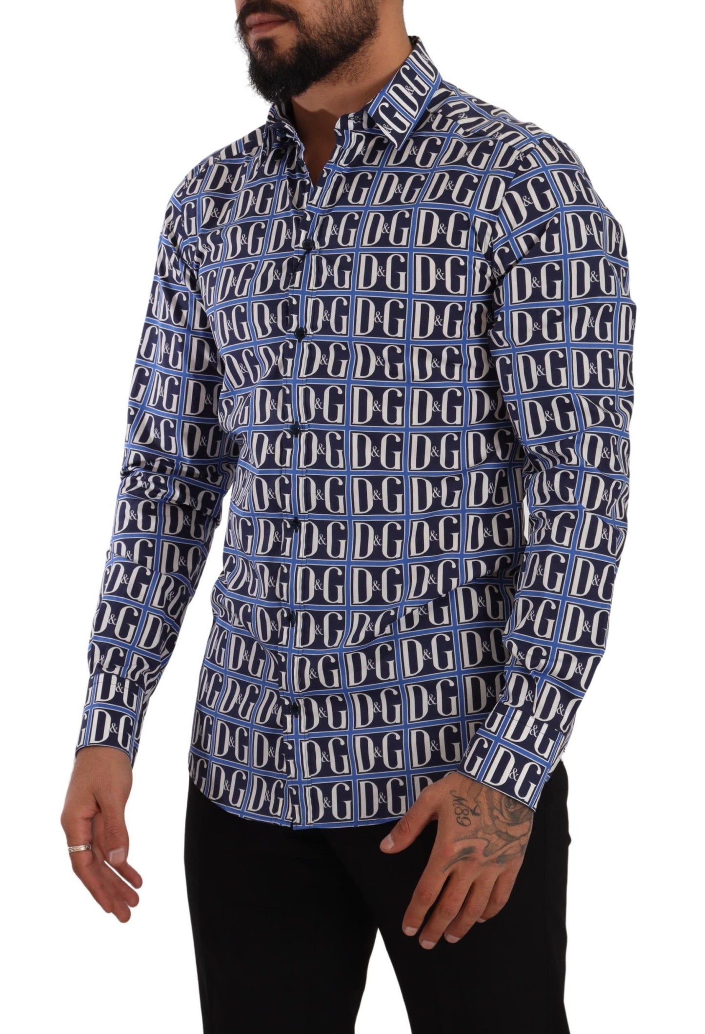 Dolce & Gabbana Slim Fit Blue Logo Cotton Shirt