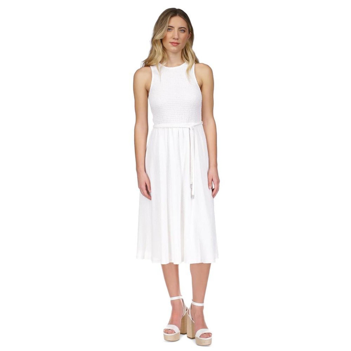 Women's Smocked Textured Sleeveless Midi Dress