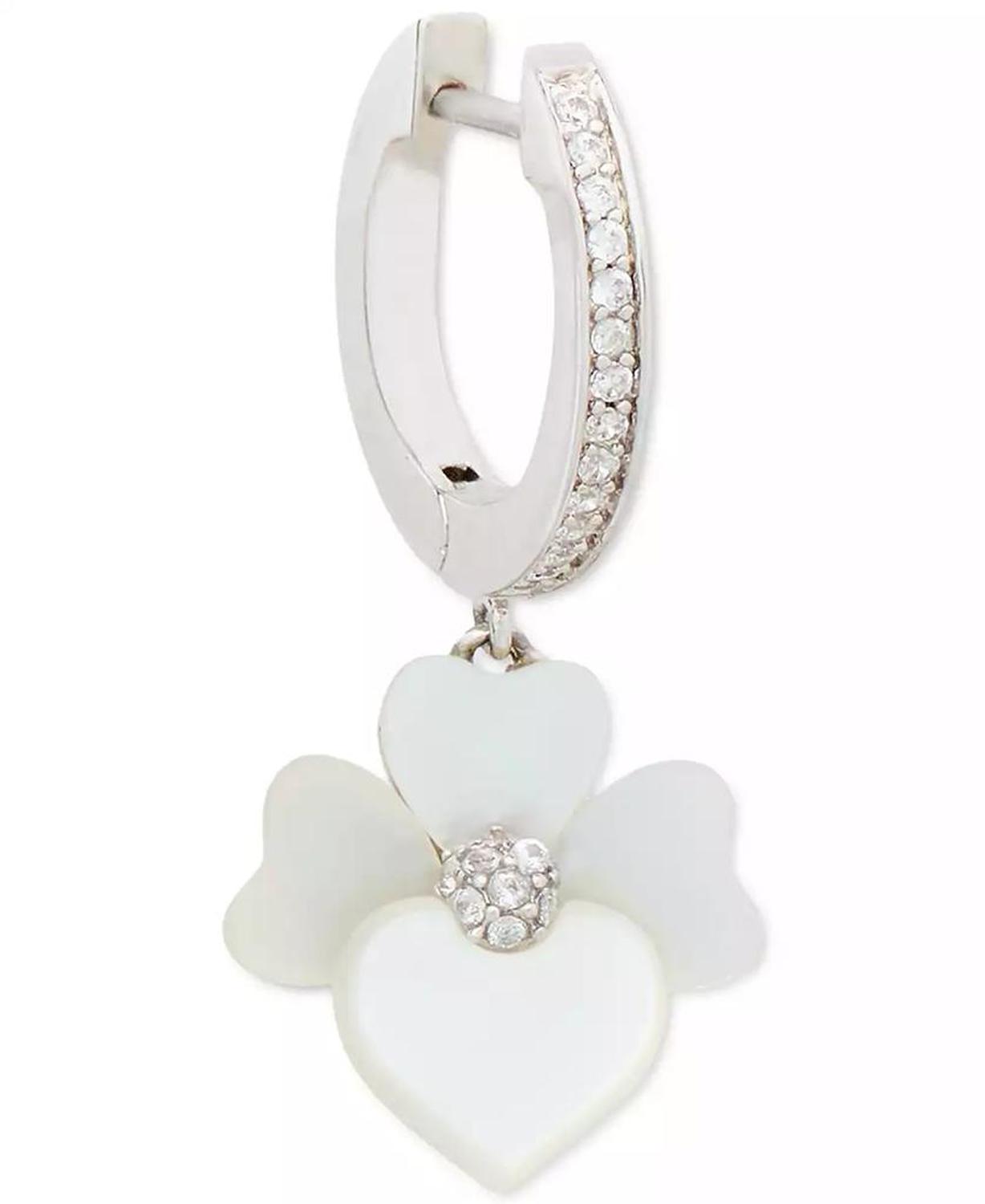 Silver-Tone Pavé & Mother-of-Pearl Flower Charm Hoop Earrings