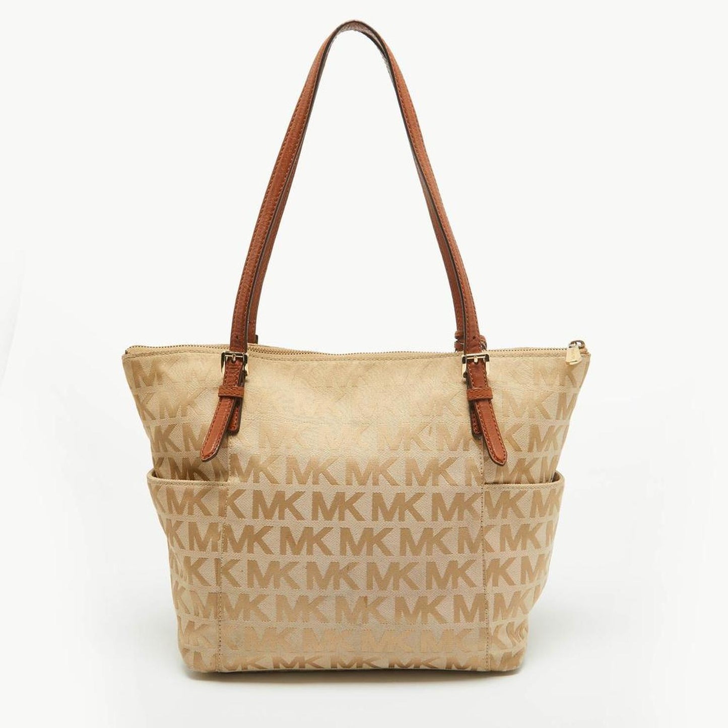 Michael Kors Beige/brown Signature Canvas And Leather Jet Set Top Zip Tote