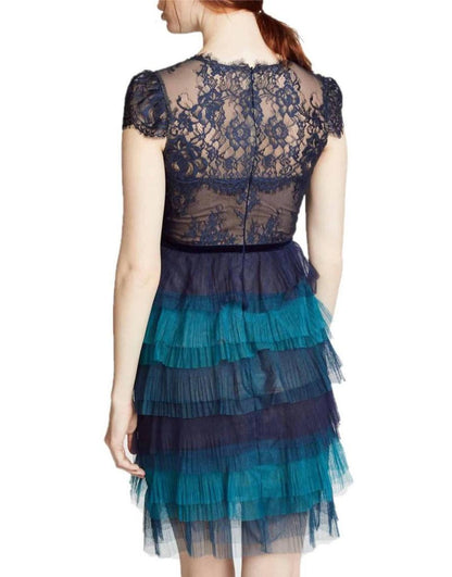 Tiered Ruffle Short Sleeve Cocktail Dress With Tie In Blues