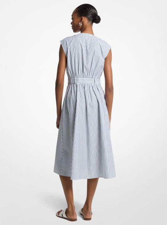 Striped Cotton Poplin Belted Midi Dress