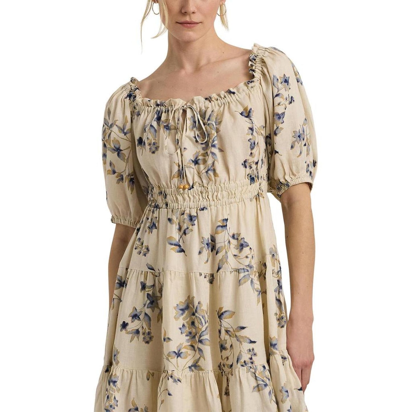 Floral Linen Tie-Neck Dress