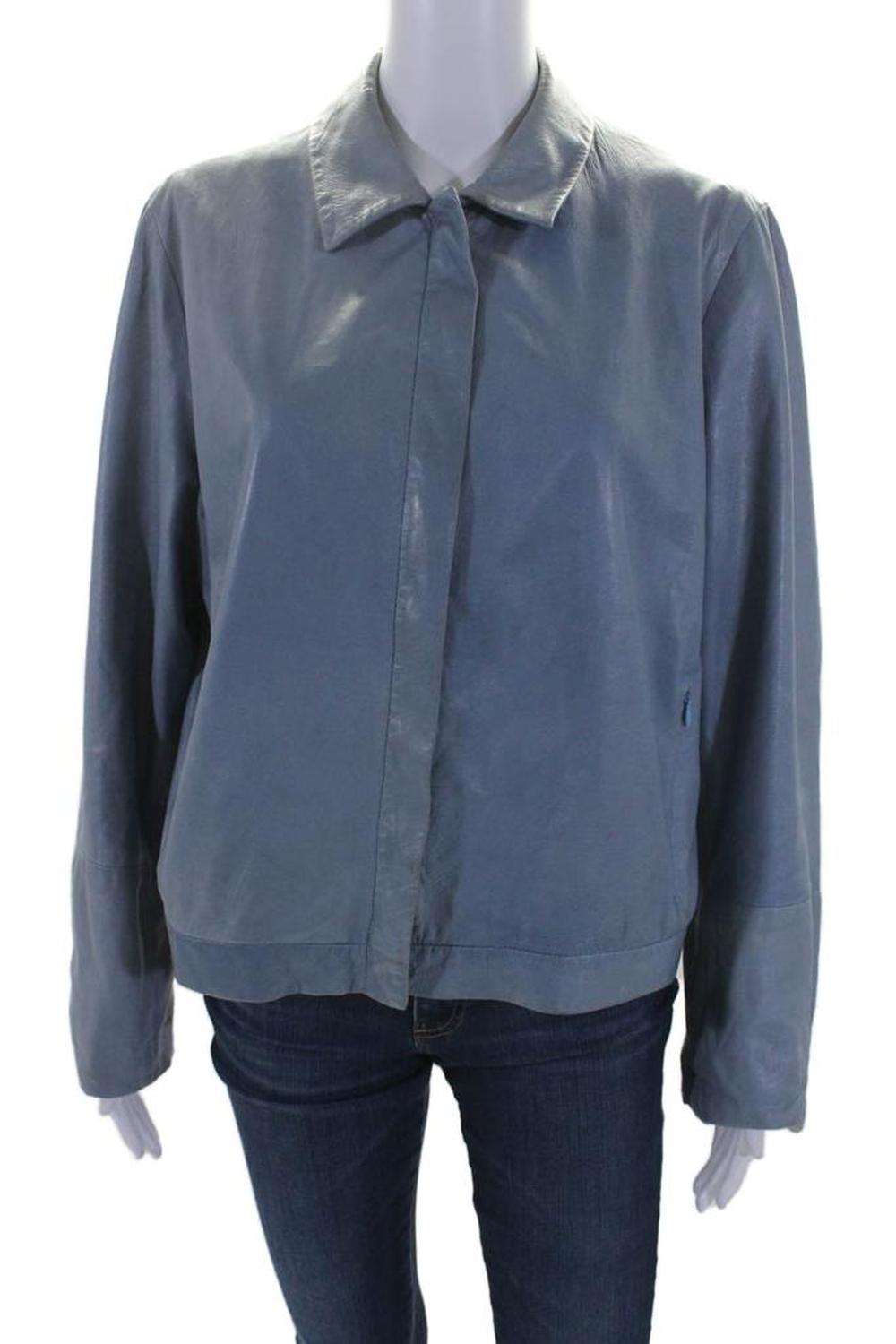 'S Max Mara Womens Leather Full Zipper Long Sleeves Jacket Blue