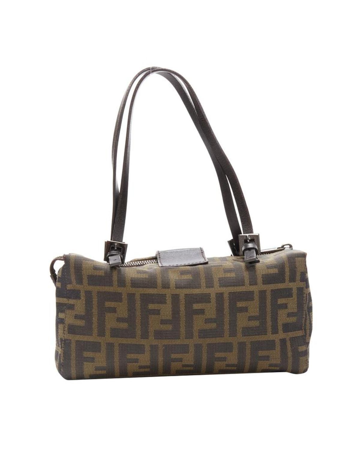 FENDI Vintage brown leather handle Zucca Monogram canvas mini cube boston bag