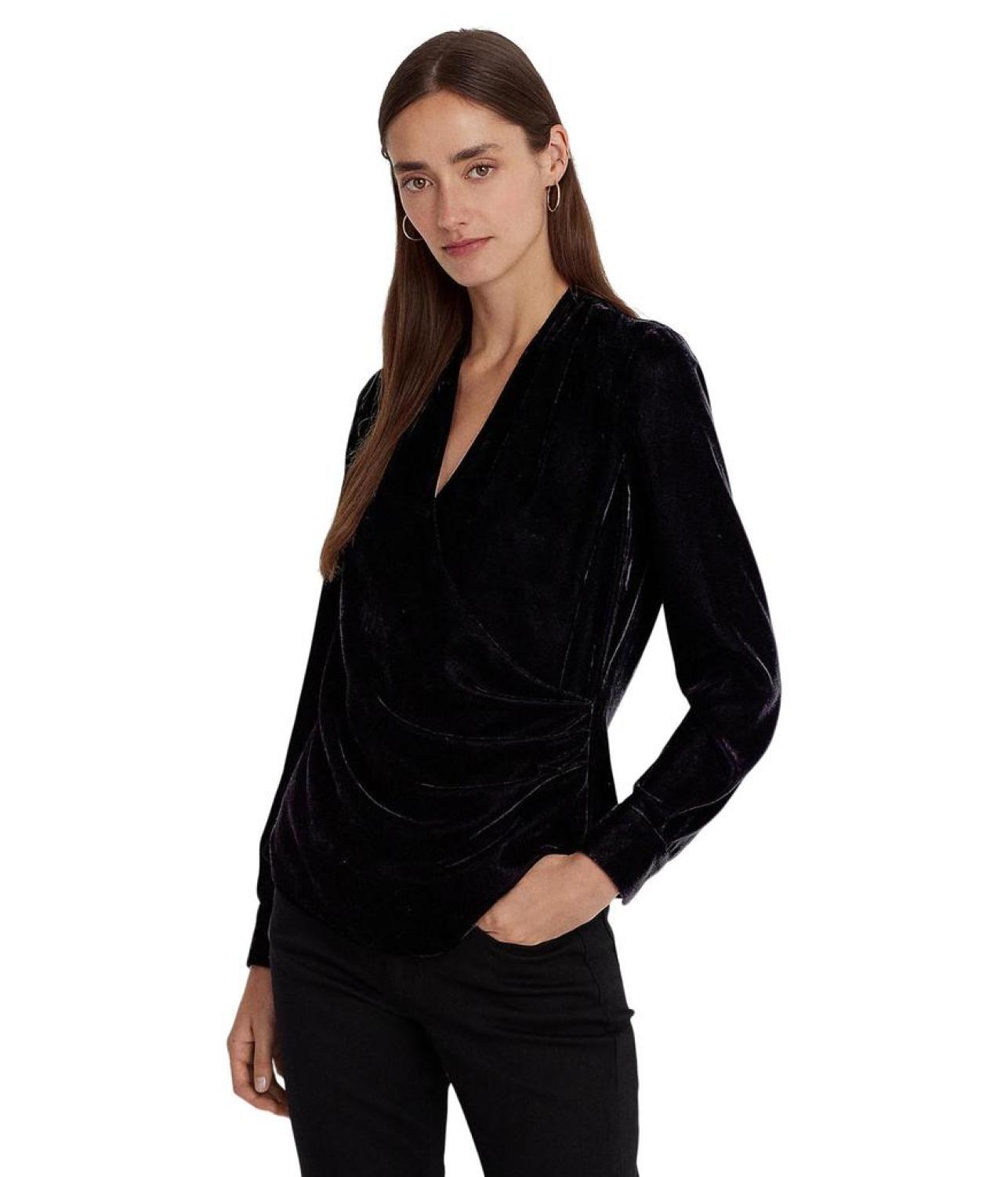 Petite Pleated Velvet Surplice Blouse