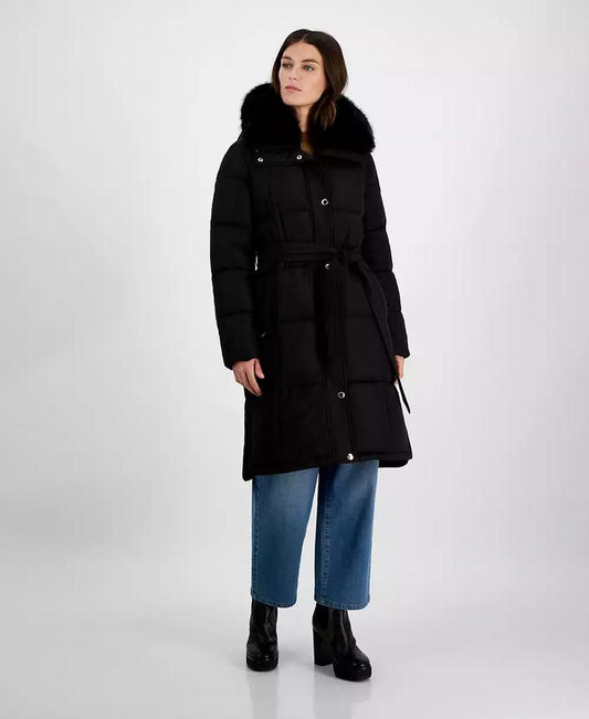 Women's Faux-Fur-Collar Belted Puffer Coat, Created for Macy's