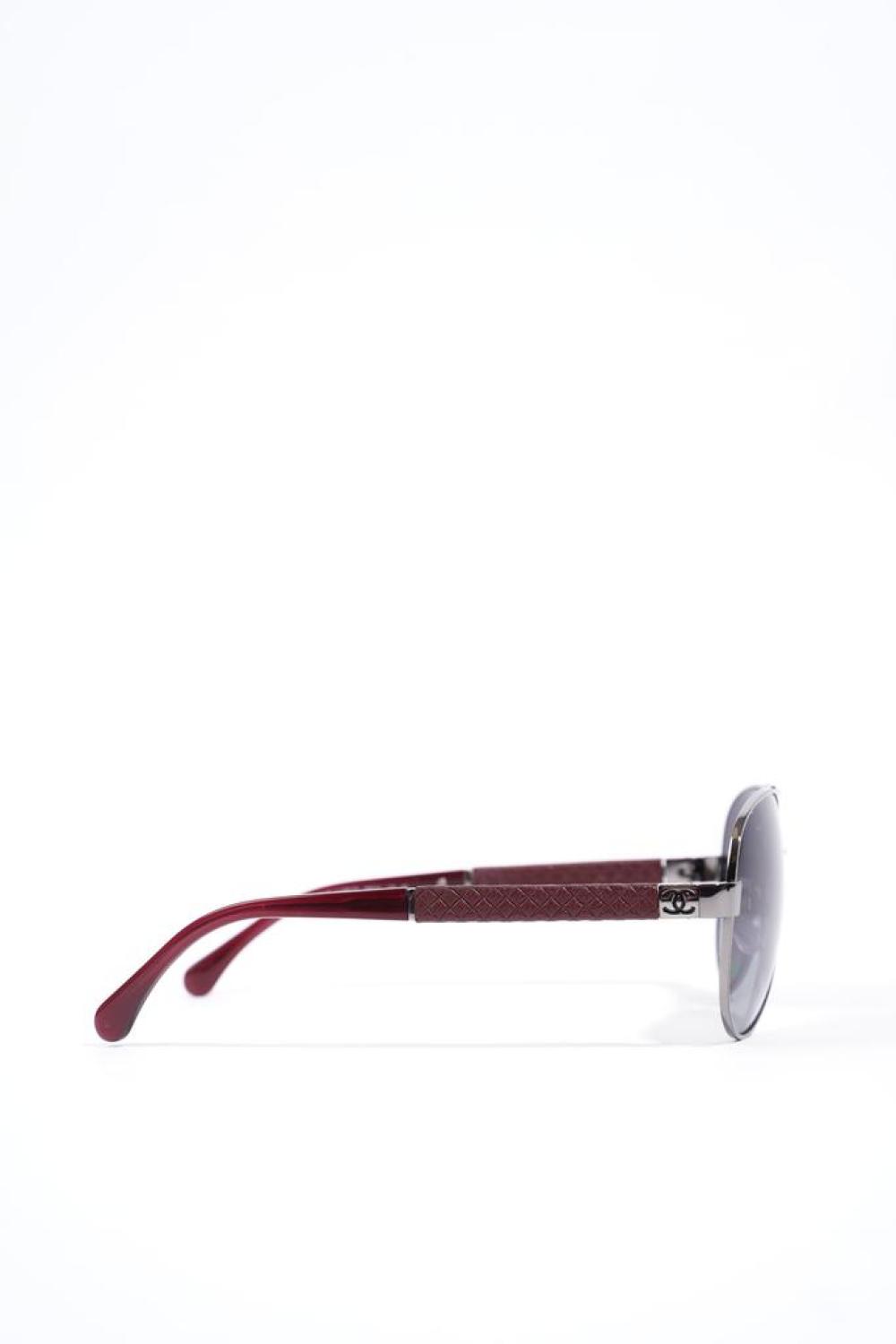 Chanel Polarised Lens Aviator Sunglasses Silver / Maroon Acetate 135