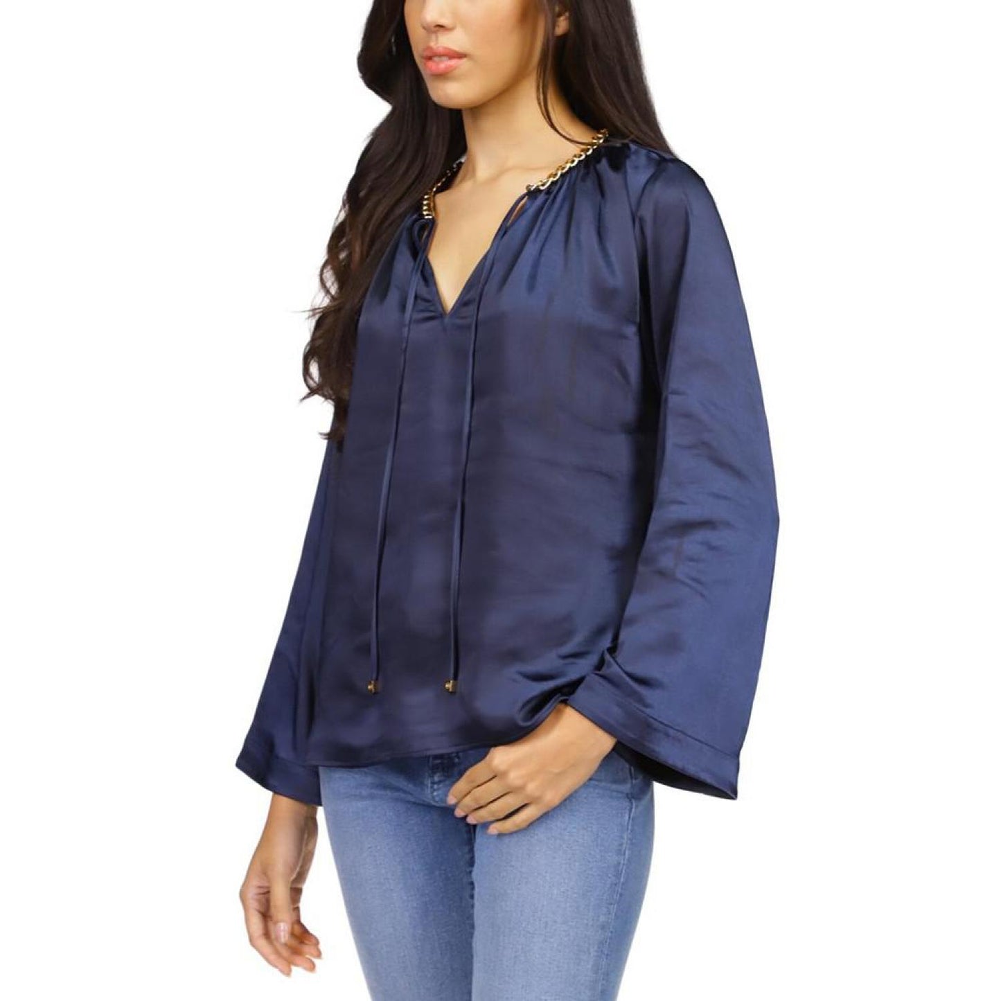 Women's Satin Bell-Sleeve Chain-Neck Top