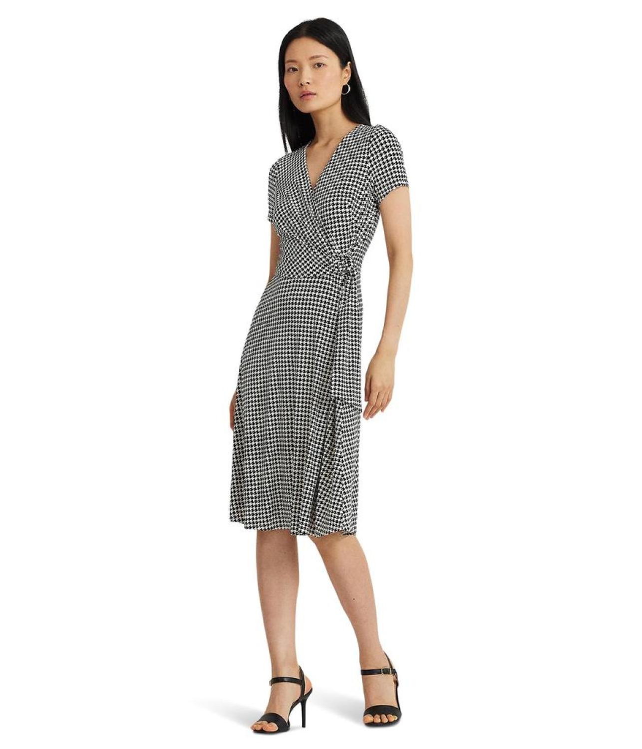 Houndstooth Jersey Surplice Dress