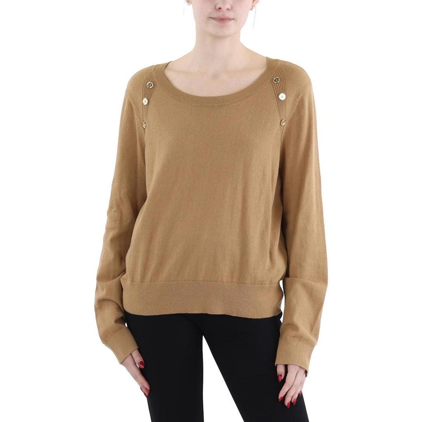 Womens Button Trim Long Sleeve Crewneck Sweater