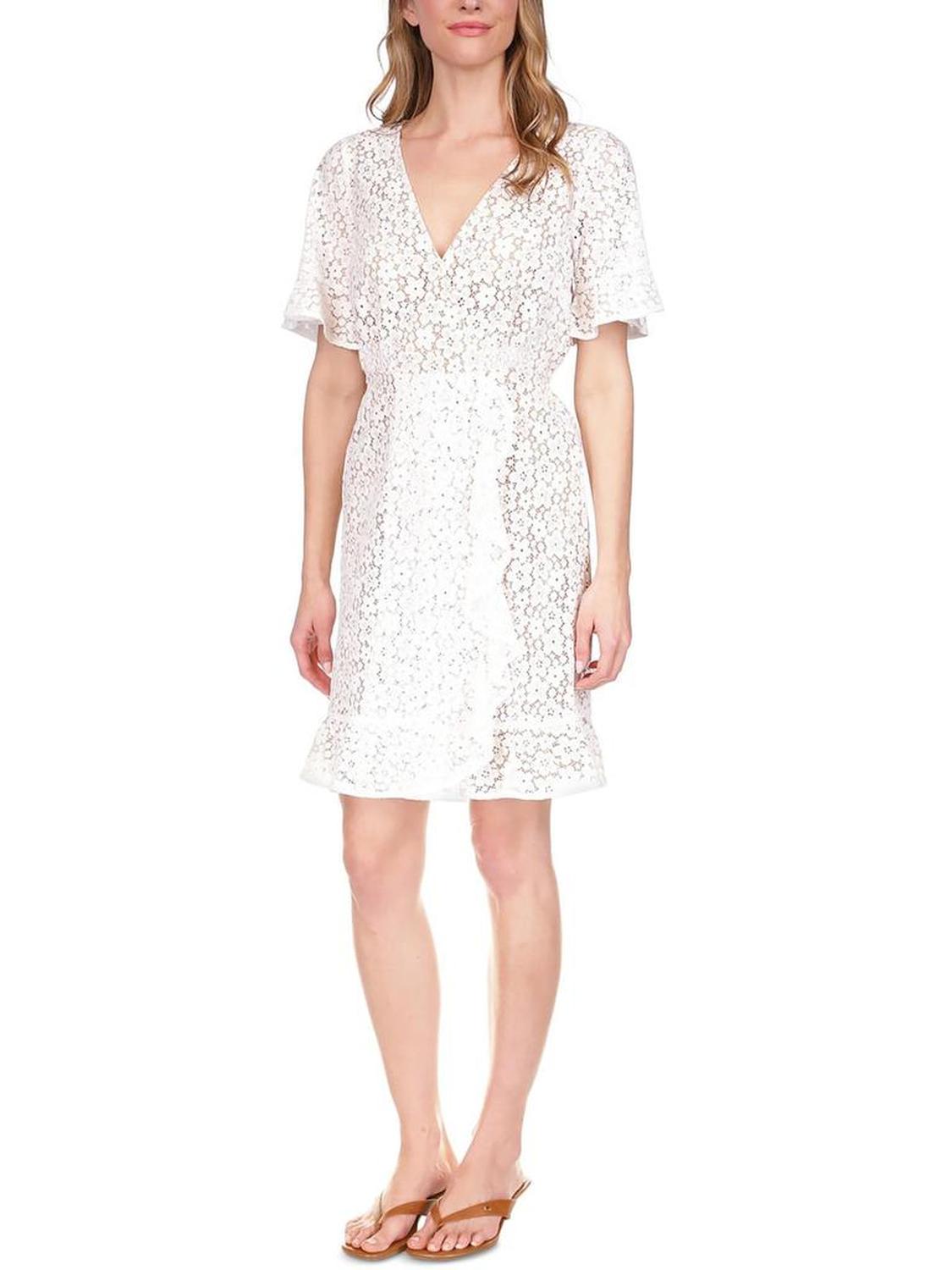 Petites Womens Lace Floral Mini Dress