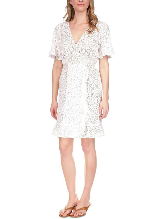 Petites Womens Lace Floral Mini Dress