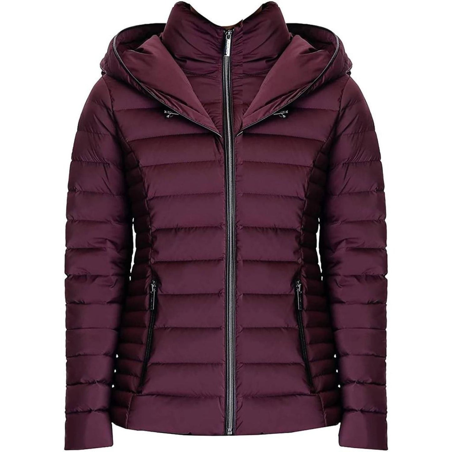 Down Fill With Bib Short Full Zip Puffer Jacket In Burgundy