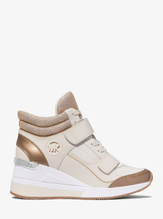 Gentry Leather and Glitter Chain Mesh High-Top Wedge Trainer