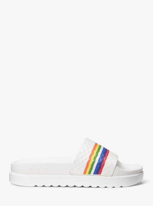 Tyra Rainbow Stripe Embossed Leather Slide Sandal