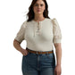 Plus Size Lace-Up Stretch Cotton Puff-Sleeve Top