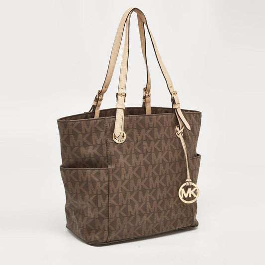 Michael Michael Kors Dark Signature Coated Canvas And Leather Jet Set Tote