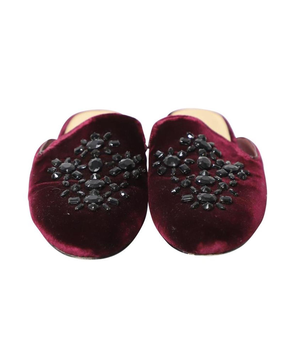 Michael Kors Crystal-Embellished Slip-On Flat Mules in Burgundy Velvet