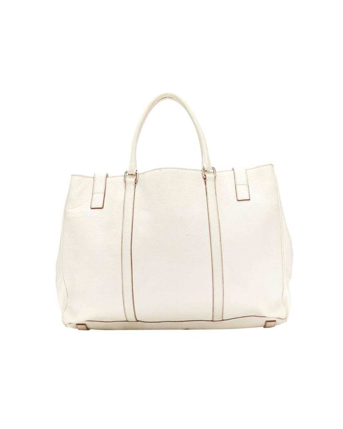 PRADA ivory white grained leather silver triangle logo buckle strap tote bag