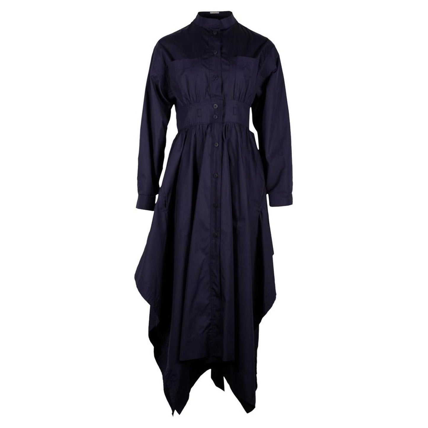 Sportmax Asymmetric Long Sleeve Midi Dress in Navy Blue Cotton