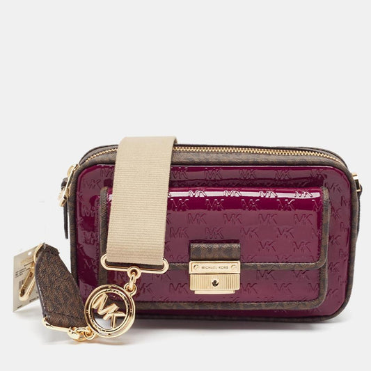 Burgundy/brown Signature Coated Canvas And Patent Leather Bradshaw Pocket Camera Crossbody Bag